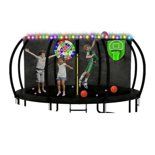Image of Trampoline Accessories Kit, Basketball Hoop with Glow-in-The-Dark Net/50FT Solar Lights/Dart Board, Fits 8 10 12 14 15 16FT Trampoline Outdoor, Non-Damaging to Net, Features 8 Light Modes