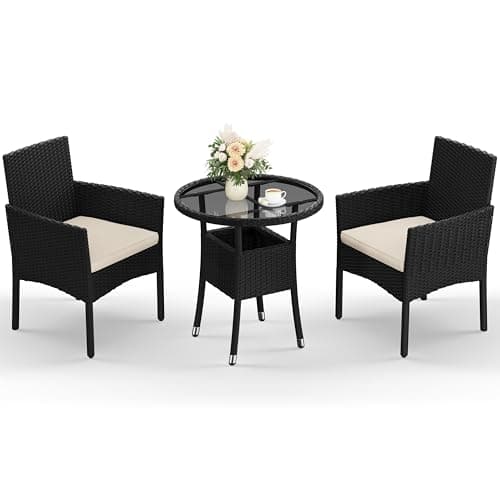 Image of Yaheetech 3-Pieces Garden Conversation Set, Woven PE Rattan Chairs with Cushion & 1 Tempered-Glass Side Table for Bistro, Porch, Garden, Courtyard, Deck, Black & Beige