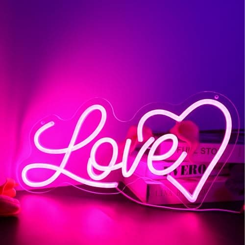 Image of ENUOLI LOVE Neon Sign, Light up Love Neon Signs for Room Wall USB Powered Love Sign Dimmable Pink Heart Neon Signs for Bedroom Home Wedding Wall Pink Valentines Neon Wall Signs Hanging Decor Gift