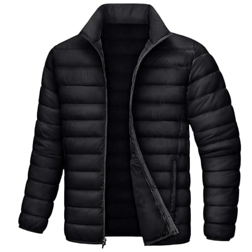 Image of Men's Black Lightweight Puffer Jacket, Stand Collar Zipfront Quilted Coat, Warm Packable Down Alternative Outerwear for Autumn Winter Casual & Outdoor Wear (Black, L)