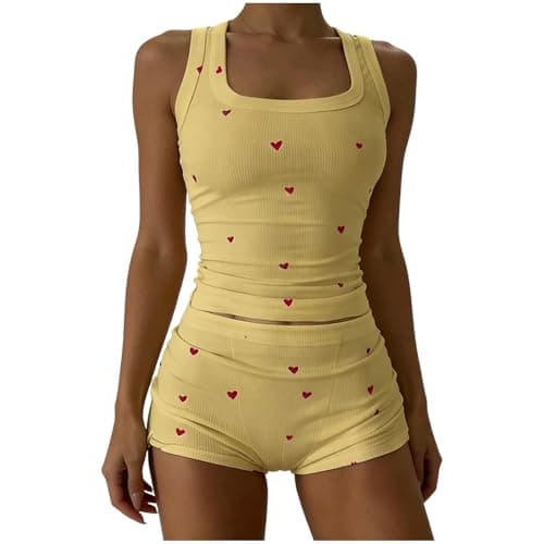 Image of Ladies Pajamas Sleeveless Pyjamas Set Square Neck Tank Tops and Shorts Heart Print Slim Fit Nightwear Women’s Two Piece Pjs Sets Summer Comfortable Loungewear Women Fashion Homewear