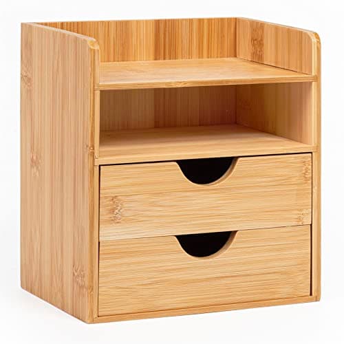 Image of woodluv Desktop Organiser With 2 Drawers, Mini Shelf Storage Box, Drawer Storage For Home Workspace Office Supplies, 19.4 (L) x 13 (W) x 21 (H)