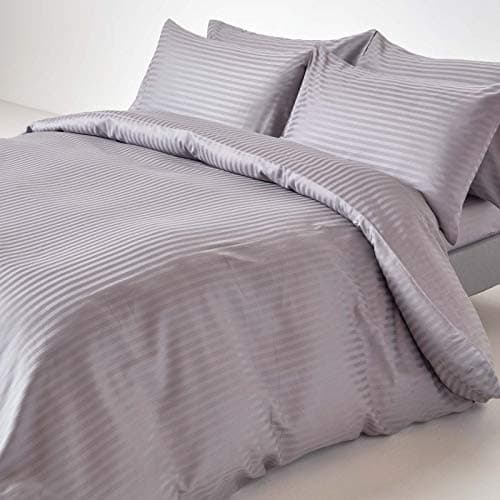 Image of HOMESCAPES Grey Pure Egyptian Cotton Duvet Cover Set Single 330 TC 500 Thread Count Equivalent Satin Stripe Quilt Cover Pillowcase Included Bedding Set