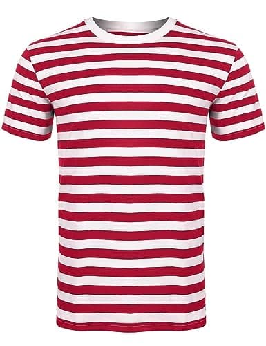 Image of Mens Womens Tshirts Ladies Striped Short Half Sleeves Cotton Top Round Neck Kids Casual Crewneck Summer Wears (Red/White Large)