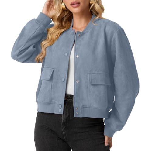 Image of GRECERELLE Womens Bomber Jacket Long Sleeve Crop Casual Smart Biker Vintage Classic Work Shacket Coat for Ladies with Snap Buttons, Two Pockets, Elastic Cuffs and Hem (Denim Blue, M)