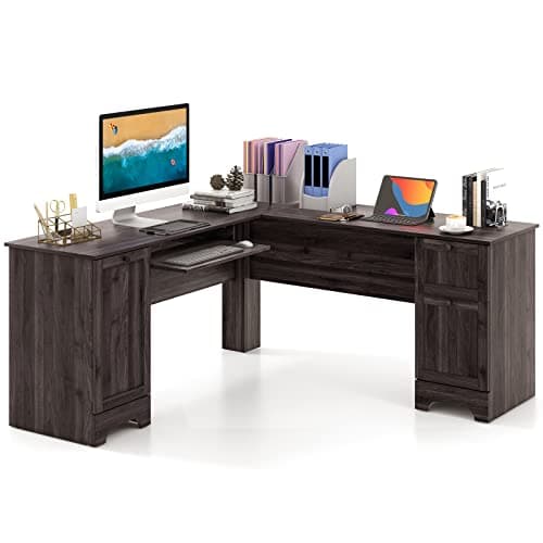 Image of COSTWAY L-Shaped Computer Desk, 170cm Modern Large Corner Desk Writing Study Table with Drawers, Slid-Out Keyboard Tray, Door Cabinet and Adjustable Shelf, PC Laptop Gaming Workstation (Dark Brown)