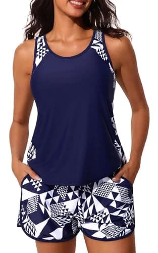 Image of CheChury Tankini Sets for Women UK Tankini Set with Swim Shorts 2 Piece Swimsuits Blouson Padded Top Built-in Bra Ladies Swimwear Sets Sporty,Navy-White,L