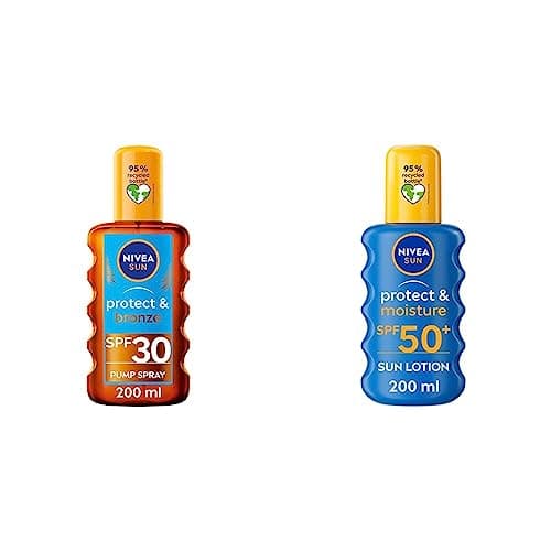 Image of NIVEA SUN Protect & Bronze Oil Spray (200 ml), SPF 30 Sun Oil with Natural Tan Accelerator Formula & SUN Protect & Moisture Sun Spray SPF 50+ (200ml), Moisturising Suncream Spray with SPF 50+