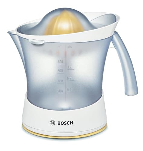 Image of Bosch VitaPress MCP3500N citrus juicer, universal press cone for small and large fruits, pulp control, high juice yield, 0.8 l juice container, dishwasher-safe, 25 W, white/yellow