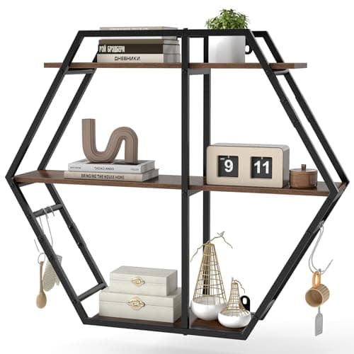 Image of COSTWAY Wall Mounted Hexagon Shelf, 3-Tier Industrial Display Organiser Unit Decorative Ledge with Hooks, Metal Frame Wooden Floating Storage Rack Hanging Wall Shelves for Living Room Bathroom Kitchen