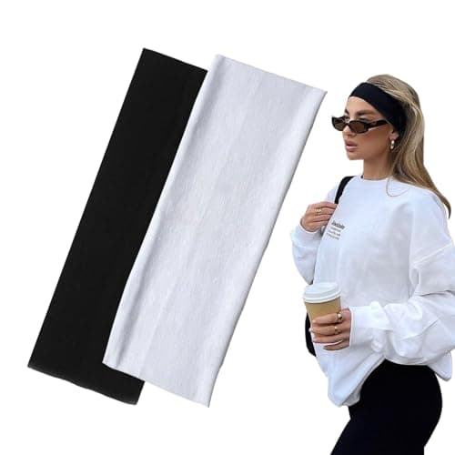 Image of 7cm Wide Black Headbands for Women Men, Yedtreg 2pack Fashion Head Bands for Women's Hair, Soft Fabric Stretchy Hair Bands for Makeup, Yoga, Running, Sports (Black/White)