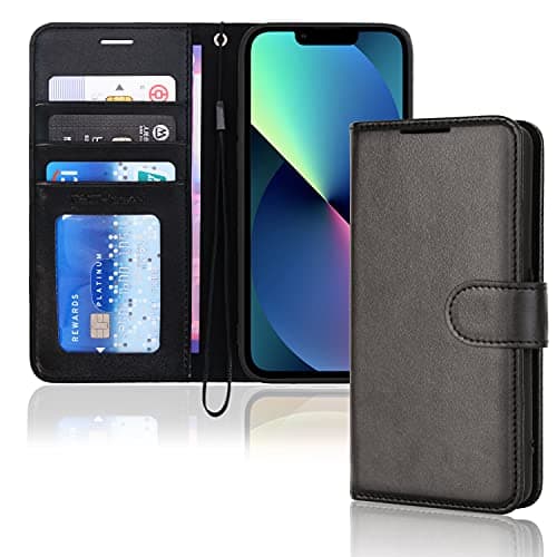 Image of TECHGEAR iPhone 13 Leather Wallet Case, Flip Protective Case Cover with Wallet Card Holder, Stand and Wrist Strap - Black PU Leather with Magnetic Closure for iPhone 13 6.1"