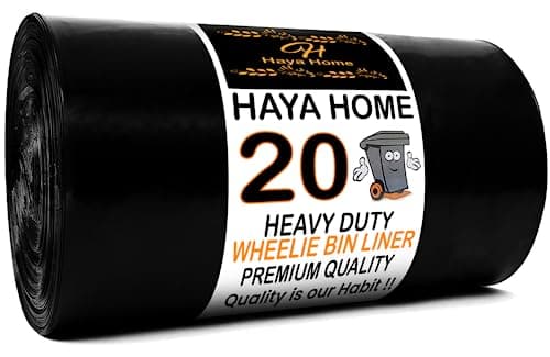 Image of Haya Home 20 Heavy Duty Wheelie Bin Liners 240 Litre X Large Strong Thick Wheelie Bin Bags Black Refuse Sacks Trash Bags For Home, Garden Kitchen House Office Rubbish 100% Recycled Material