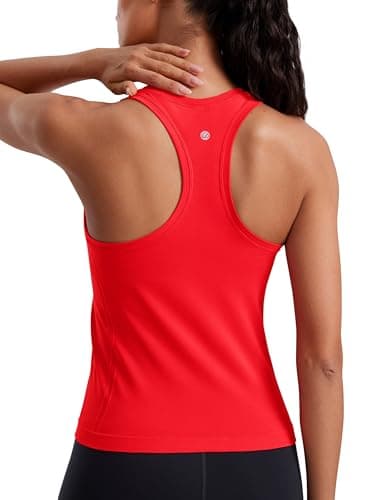Image of CRZ YOGA Women's Seamless Racerback Tank Tops Sport Sleeveless Breathable High Neck Camisole Top Workout Running Gym Shirts Deep Red 8