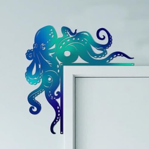 Image of CUTHOLLOW Octopus Metal Door Frame Decoration - 25x25cm Adorable Summer Ocean Theme Door Topper Window Corner Wall Art Decor for Home Bathroom Bedroom Office, Blue