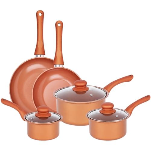 Image of Gr8 Home Copper 8 Piece Carbon Steel Non-Stick Cookware Set with Frying Pans, Saucepans & Lids for Everyday Cooking