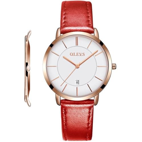 Image of OLEVS Women Wrist Watches - 6.5mm Minimalist Design with Leather Strap, Date Display, 30M Waterproof,Quartz Ultra Thin Slim Business Dress Watch (H5869- Red Belt with White Surface)