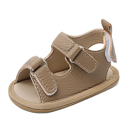 Image of LACOFIA Baby Boy's Sandals Infant Breathable Summer First Walking Shoes with Anti-Slip Soft Sole Khaki 12-18 Months