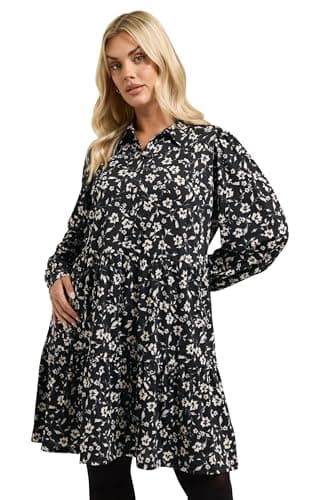 Image of Yours Curve Floral Tiered Shirt Dress - Women's - Plus Size Curve Black