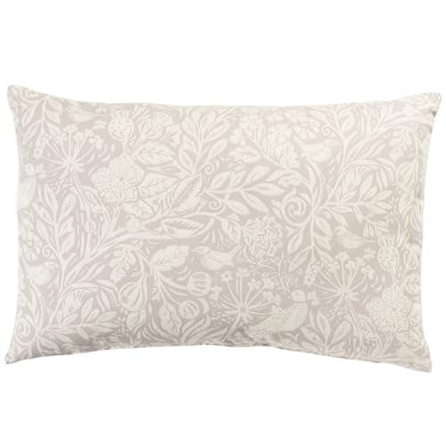 Image of Linen Loft Serene Garden Printed XL Rectangular Cushion Cover. Delicate William Morris Inspired Floral & Bird English Garden Design in Neutral Tones. 23x15 XL Cover Only