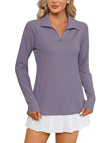 Image of IECCP Women's Golf Polo Long Sleeve Workout Tops Fast ing UPF 50+ Sun Protection Lightweight Athletic Tennis T-Shirts Gray Purple M