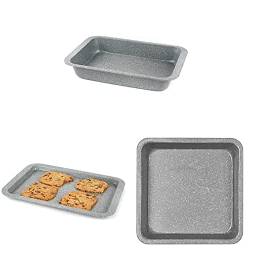 Image of Salter Bundle with Roasting Tin, Baking Tray, Square Oven Pan, Marblestone Collection, Non-Stick, Carbon Steel Ovenware, Kitchen Bakeware Set, Oven Safe Up to 220°C, Grey Marble