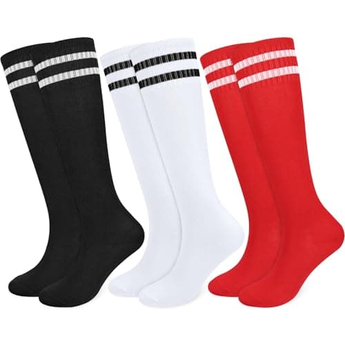 Image of srclo 3 Pairs Kids Breathable Soccer Football Socks,Long Football Sports Socks for Boys Girls Youth Junior Running,Training,Rugby,(Aged 5-12) (UK, Age, 9 Years, 12 Years, Regular, Black White Red)