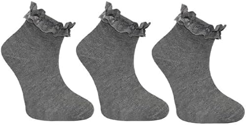 Image of reshmena® 3 Girls Ruffled Trim Frilly Lace Socks School Ankle Socks, Girls Soft Back to School Trainer Socks Dance Socks Ankle Trim School Uniform Socks Size 12-3 Grey Trim