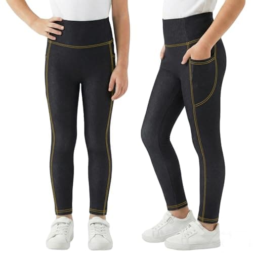 Image of FILOWA Leggings for Girls Jeans Look Stretch Trousers with Pockets Full Length Denim Effect Legging Skinny Elastic Jeggings High Waist Tights Pants Casual School Outdoor for Childs 13-14 Years, Black