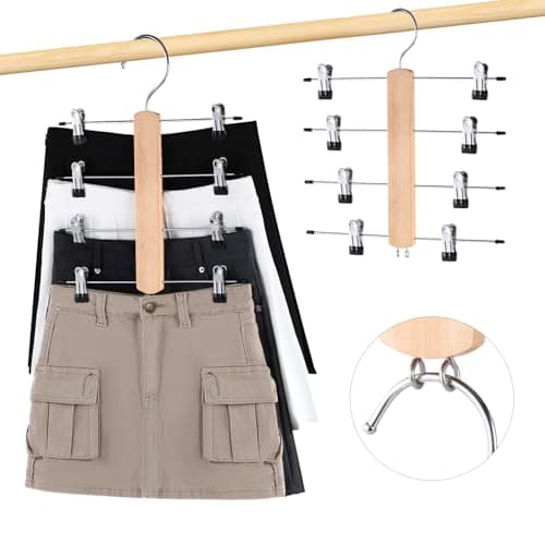 Image of VANZAVANZU Trouser Hangers with Clips Space Saving Pant Hangers, 2 Pack 4 Tier Wooden Pole Skirt Hangers Clip Hangers, Assemble Bra Hanger with 360° Rotatable Hanger Versatile Clothes Hangers