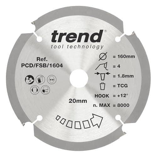 Image of Trend Professional PCD Polycrystalline Diamond Tipped Sawblade, 165mm Diameter, 20mm Bore, 4 Teeth, 1.8mm Kerf, +12° Hook, PCD/FSB/1654, Silver