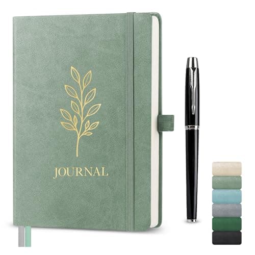 Image of Traimber-seven A5 Lined Journal Notebook, Hardcover Vegan Leather Notebook with Gold Olive Leaf Embossing, 192 Pages 100gsm FSC Paper, Elastic Closure & Pen Holder (Sage Green)