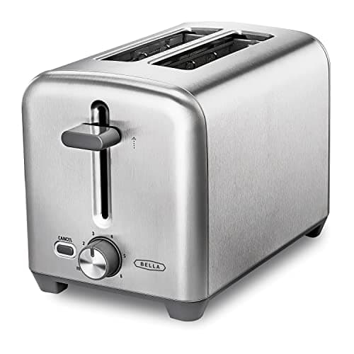 Image of BELLA 2-slice toaster with extra wide bread slots and removable crumb compartment, 6 browning levels, automatic shut-off and warm-up function, bread, bagels and waffles