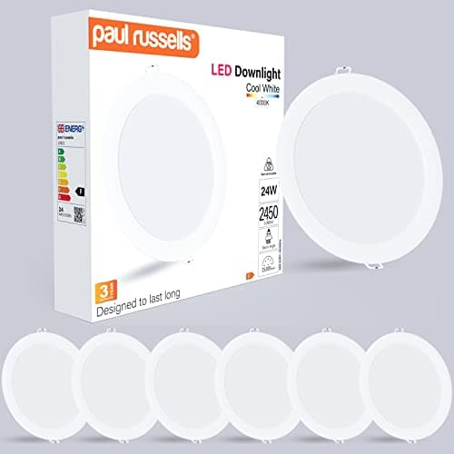 Image of paul russells LED Ceiling Downlights, 24W Slim Recessed Bathroom Downlights, Kitchen Ceilings, 2450 Lumens, 4000K Cool/Natural White, Cutout 195-205mm, Round Non-Dimmable Panel Spotlights, 6 Pack