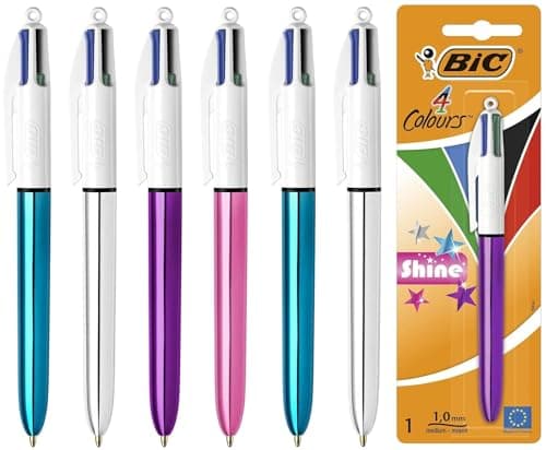 Image of BIC 4 Colours Shine Multi-Coloured All-In-One Retractable Ballpoint Pens, Black, Blue, Green, Red Ink, Medium Point 1.0mm, Pack of 6, Assorted Metallic Barrels
