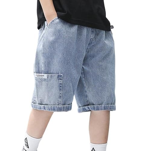 Image of Saxrel Blue Boys' Denim Cargo Shorts Casual Outing Sports Pants - Summer Running Shorts with Pocket Cuffed Hem for Daily & Outdoor Activewear Denim Workwear 14 Years