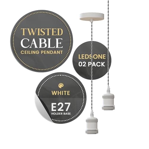 Image of LEDSone Vintage E27 Pendant Light Fitting – White Hanging Ceiling Lamp Kit with Twisted Fabric 1m Cable & Rose – Industrial Retro Style for Kitchen, Bar, Dining Room