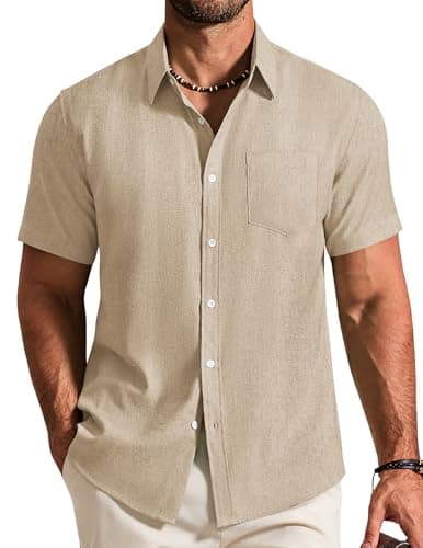 Image of COOFANDY Mens Shirt Short Sleeve Casual Lightweight Summer Shirt Regular Fit Beach Top with Pocket Khaki 2XL