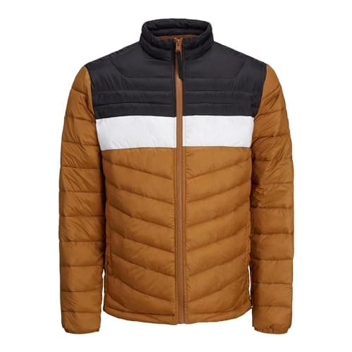 Image of JACK & JONES Mens Puffer Jacket Full Zip Long Sleeve Quilted Padded Puffer Jacket for Men, Brown Colour, Size- L