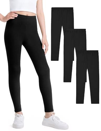 Image of KEREDA Girls Black Leggings Kids Full Length Plain Cotton Stretchy Pants 9-10 Years Black 3 Packs