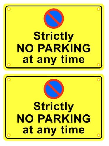 Image of Pack of 2 reflective rigid plastic signs 300mm x 200mm x 3mm with rounded corners and eyelets - Strictly no parking at any time