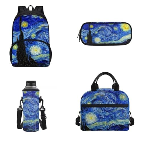 Image of Belidome Van Gogh Starry Night Backpack Lunch Bag with Shoulder Strap Water Bottle Holder Pencil Case for Kids Teens Boys Girls School Bookbag Set 4 in 1
