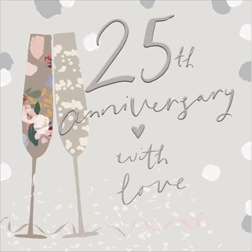Image of Woodmansterne 25th Milestone Silver Anniversary Card - 25 Years - Champagne Flutes Embossed with Foil Details - Eco-Friendly and Recyclable