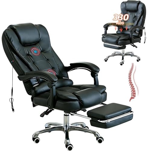 Image of HIHOBDAY Office Desk Chair,Big & Tall Leather Gaming Chair with Footrest,Wide Ergonomic Comfy Executive High-Back Reclining Computer Chair,2-Point Massage,360° Swivel Wheels & Lumbar Support,Black