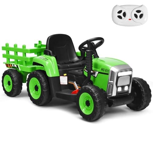 Image of GYMAX Kids Electric Tractor with Detachable Trailer, LED Lights, Music, Horn, USB & Bluetooth, 12V Battery Powered Ride on Car for 3 Years Old + Boys Girls (Green)
