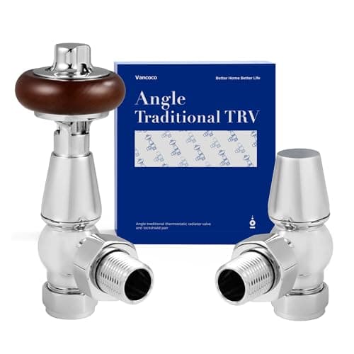 Image of VANCOCO Traditional Chrome Angled Radiator Valve & Lockshield 1/2"×15mm, Thermostatic TRV Pair for Cast Iron or Modern Radiators with Solid Wood Handwheel