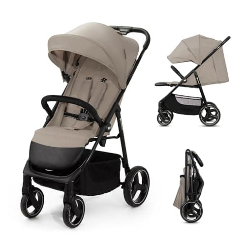 Image of Kinderkraft Trig 3 Lightweight Stroller, Baby Pushchair, Easy Folding with One Hand, All Wheels Suspension, Ajustable Hood 5-Point Safety Harness, from Birth up to 25kg, Beige