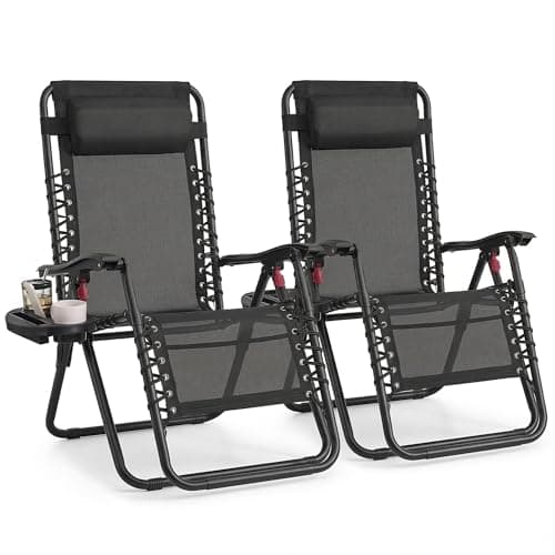 Image of SONGMICS Set of 2 Zero Gravity Reclining Chairs, Folding Sun Loungers with Tray, Adjustable Headrest, Max. Load 110 kg Each, for Patio, Garden, Black GLB032BZ02