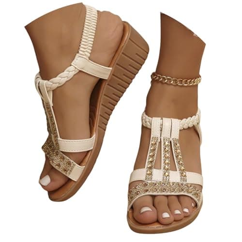 Image of DFSDJEUW flat wedding sandals Womens Sandals Wide Fit Comfortable Slip on Wedge Shoes Casual Open Toe Orthopedic Slide Lightweight Summer Cushion Plantar Fasciitis 1p clearance.sale items Beige 4
