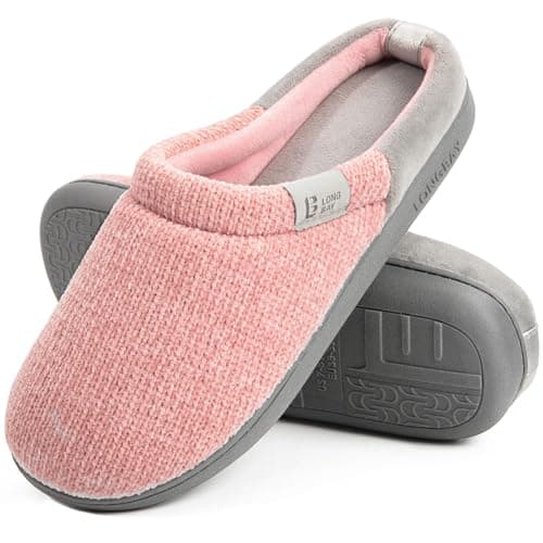Image of LongBay Ladies' Chenille Knit Slippers Comfort Memory foam Slip on House Shoes(5-6UK,Pink)